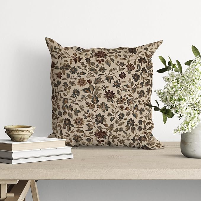 YOU FOUND ME William Morris Abstract Vintage Floral Velvet Design Throw Pillow Covers Home Decor, Retro Art Decor Pillowcase Cushion Cover for Bed Sofa Living Room, Square 18x18inch (Beige-Floral)