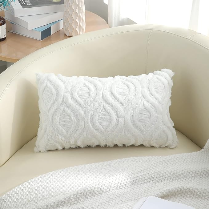 decorUhome Cozy Textured Throw Pillow Covers 12x20 Inch Set of 2, Soft Plush Faux Wool White Accent Couch Pillow Covers for Modern Farmhouse Sofa Bed Living Room