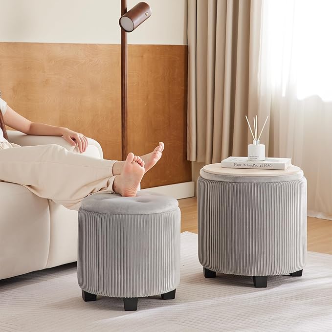 Big Round Ottoman with Storage Set of 2,Upholstered Velvet Vanity Stool for MakeupMultifunctional Foot Rest Coffee Table Padded Seat Tufted Ottomans for LivingRoom&Bedroom (Large Grey)