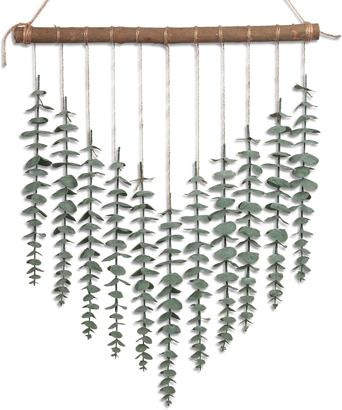 Artificial Hanging Eucalyptus Plant Wall Decor Fake Greenery Leaves Stems on 16.5in Stick Boho Rustic Nature Farmhouse Green Wall Art for Bathroom Bedroom Kitchen Nursery Office