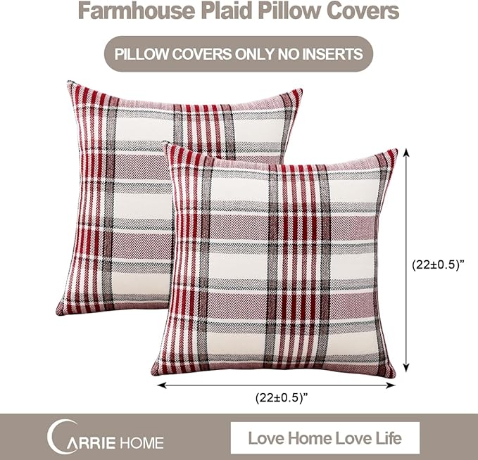 CARRIE HOME Red Christmas Buffalo Plaid Pillow Covers 22x22 Set of 2 Farmhouse Plaid Decorative Throw Pillow Covers 22 x 22 for Living Room Couch Sofa