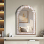 36 x 24 Inch Arched Wall Mirror with Beaded Wood Frame, Boho Farmhouse Decorative Arch Mirrors for Bathroom Over Sink, Living Room, Entryway