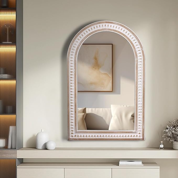 36 x 24 Inch Arched Wall Mirror with Beaded Wood Frame, Boho Farmhouse Decorative Arch Mirrors for Bathroom Over Sink, Living Room, Entryway