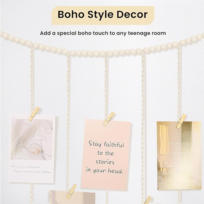 Macrame Hanging Photo Display Boho Wall Decor with String Lights Wooden Beads Garland Picture Frame Collage Holder with 45 Clips for Room, Bedroom, Dorm, Christmas Teenage Teen Girl Gifts (Beige, Large)