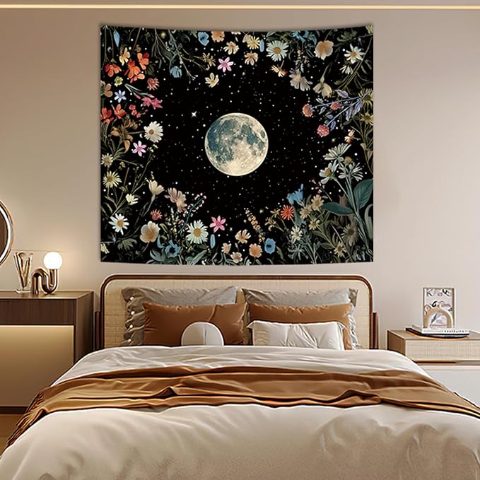Apdidl Moon Floral Ceiling Tapestry for Bedroom Decor, Boho Flower Plant Garden Aesthetic Tapestries Wall Hanging, Black Nature Butterfly Wall Covering for Dorm Living Room (51"X60")