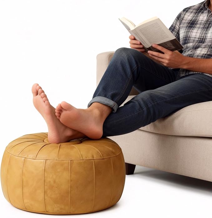 Thgonwid Unstuffed Moroccan Storage Pouf Foot Stool Ottoman Seat Handmade Faux Leather Bean Bag Floor Chair Foot Rest for Living Room, Bedroom or Balcony (Yellow)