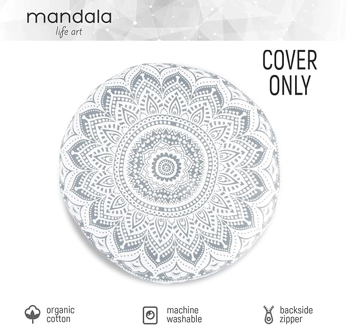 Mandala Life ART Yoga Decor Floor Cushion Cover - Round Meditation Pillow Case - Hand Printed Organic Cotton Pouf