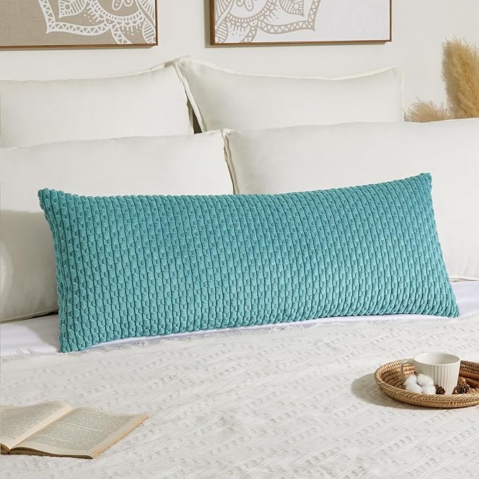 Kevin Textile 20x54 Inch Long Body Lumbar 1 Pack Boho Decorative Throw Pillow Cover Soft Striped Corduroy Rectangle Cushion Case Farmhouse Accent for Living Room Couch Sofa Bed, Aqua Green