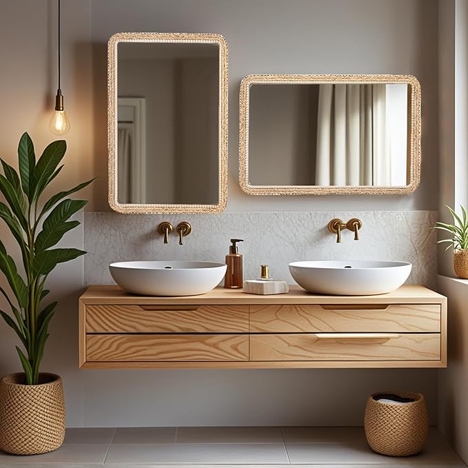 FUIN 24x36 Large Wall Mirror, Wood Frame with Braided Seagrass and Wooden Bead, Vertical & Horizontal Coastal Mirror for Bathroom