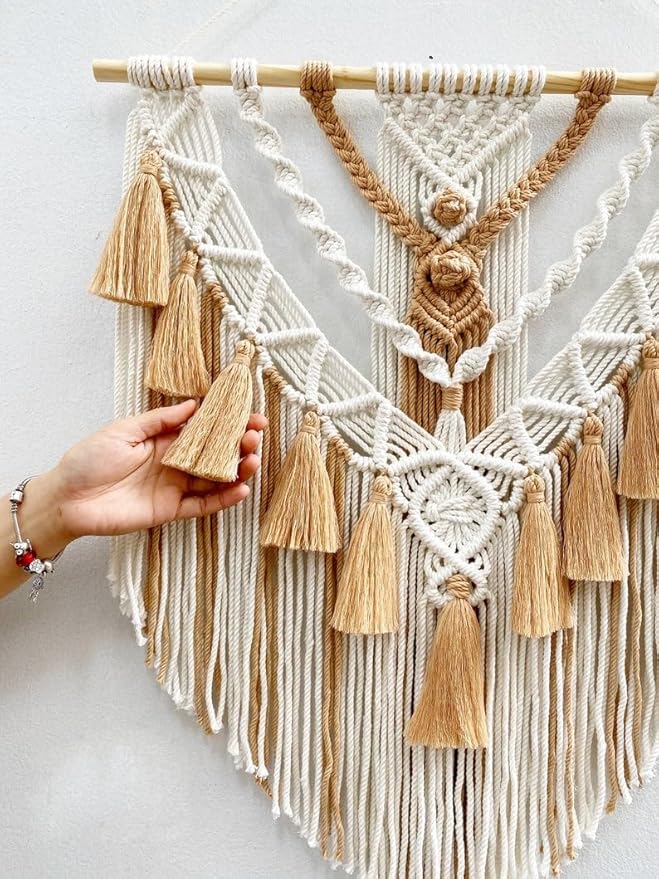 Boho Macrame Wall Hanging & Wall Decor, Cotton Handmade Tapestry with Tassel, Woven Macrame Wall Art for Decorating Bedroom Living Room Apartment Nursery (Brown)