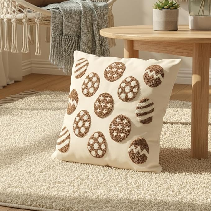 Jonhier Easter Throw Pillow Covers, Khaki Neutral Easter Egg Decorations with Tufted Embroidery, Boho Farmhouse Rustic Spring Indoor Decorative Pillows for Couch Sofa, 18x18 Inch, 1 PC