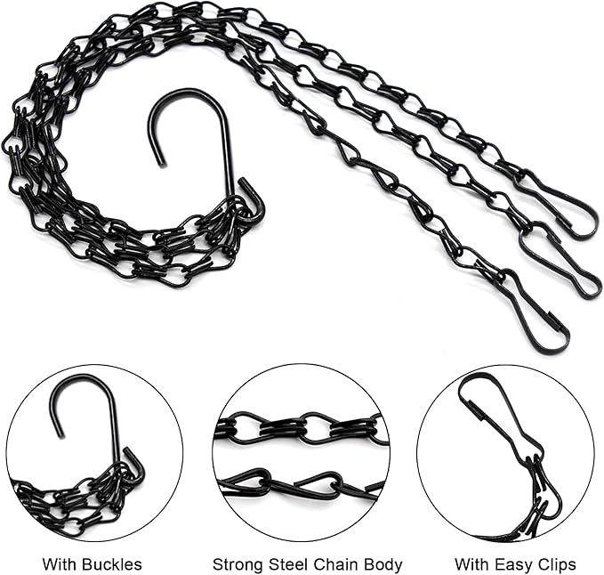 Benvo 16 inch Long Hanging Plant Chains Flower Pot Hangers with Clips and Hooks 3 Point Replacement Chain Holders for Baskets Bird Feeders Planters and Other Ornaments (Pack of 3, Black)
