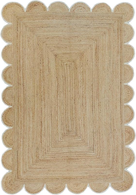 Weaving Cottage Scalloped Natural Jute Area Rug | Beige & White, 2X3 FT Handwoven Jute Doormat | Eco-Friendly, Durable, and Stylish | Perfect for Living Room, Bedroom, and Entryway