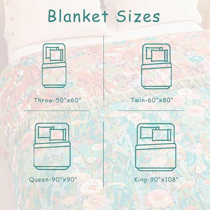 Boho Throw Blanket - 90"x108" 100% Cotton Ultra Soft Lightweight Spring Blanket, 4-Layer Breathable Muslin Blankets for Bed Couch, Reversible Green Floral Printed Bohemian Cotton Quilt