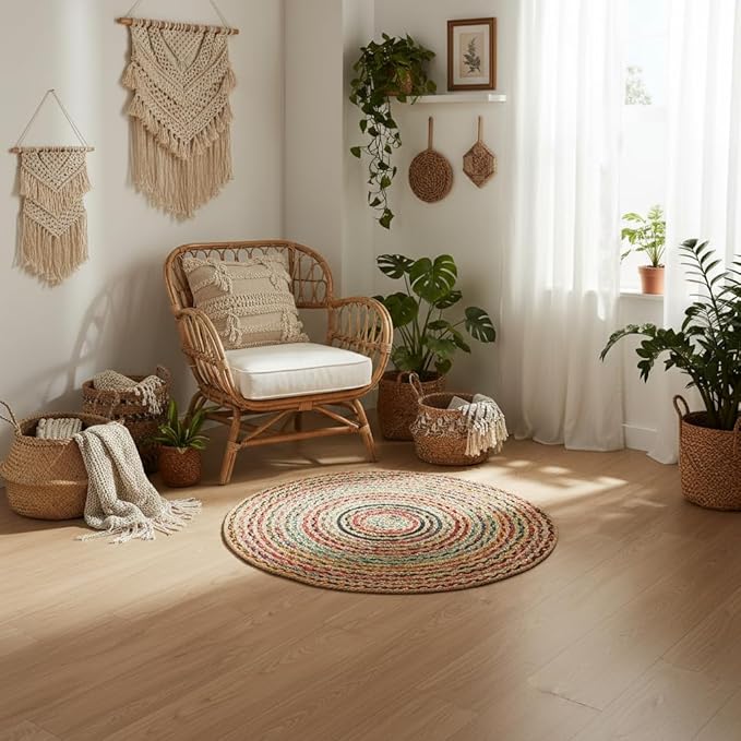 · REDEARTH · Jute Cotton Chindi Area Rug - 3' Round Rug, Handwoven, Non-Shedding, Soft & Durable – Multi Tones for Home Décor in Living Room, Dining Room, Bedroom, Set of 2
