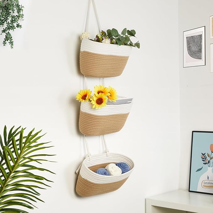 DULLEMELO Hanging Storage Basket for Organizing, 3-Tier Over The Door Organizer, Woven Wall Basket Decor Hanging Baskets for Storage, Versatile Storage for Every Room‌, White&Jute