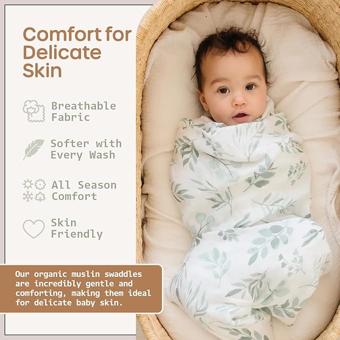 Organic Baby Muslin Swaddle Blankets for Boy or Girl - Eucalyptus Leaves and Sage Swaddling Blanket 2 Pack - Soft Muslin, XLarge and Breathable, Boho Baby, 47" X 47"