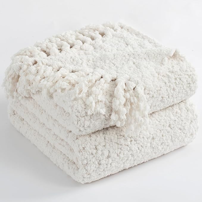 Throw Blanket for Couch, White Luxury Knitted Throws 60"x80", Textured Blankets with Handmade Fringe Tassels for Bed Sofa Decorative, Chunky Soft Farmhouse Boho Home Decor