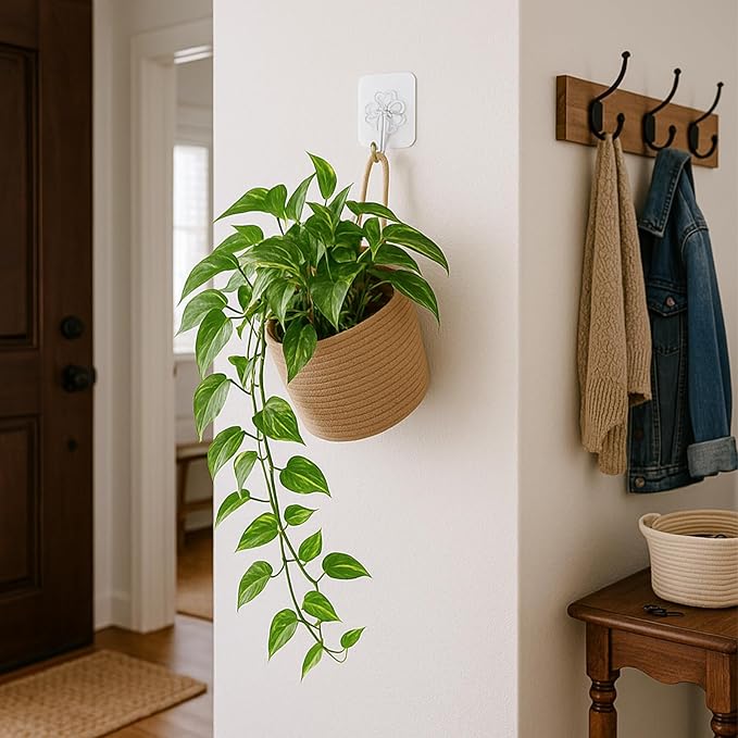 ShellKingdom Hanging Baskets, 3Pack Woven Wall Mounted Storage Basket with 3 Pcs Hooks, Boho Pouchs Bag Organizers for Home Office Living Room Bathroom Door Wall Decoration Caddy Bins (Jute)