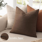ZWJD Decorative Linen Throw Pillow Covers 16x16 Set of 2 Solid Handcrafted Striped Cushion Covers for Bed Soft Modern Farmhouse Neutral Pillowcase for Couch Bedroom Living Room Home Decor(Brown)