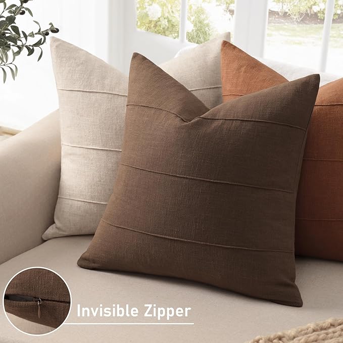 ZWJD Decorative Linen Throw Pillow Covers 16x16 Set of 2 Solid Handcrafted Striped Cushion Covers for Bed Soft Modern Farmhouse Neutral Pillowcase for Couch Bedroom Living Room Home Decor(Brown)