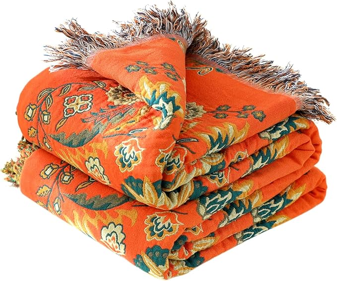 Boho Throw Blanket for Bed 100% Cotton Soft Lightweight Quilt Floral Embroidery Home Decor Spring Breathable Orange Bed Blankets,90"x98" All Season Reversible Blankets for Sofa Couch Chair