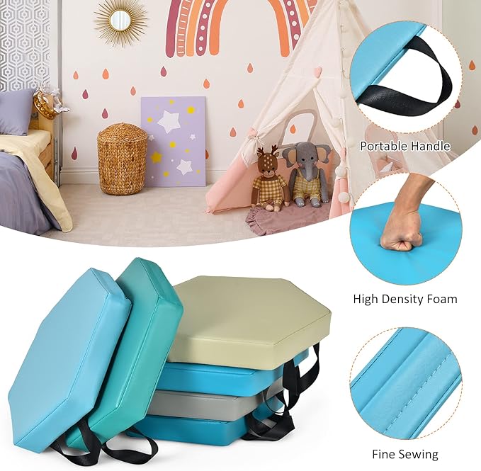 HONEY JOY 6PCS Floor Cushions for Kids, 15 Inch Flexible Alternative Portable Classroom Seating with Handles, Easy to Clean, Thick Soft Foam Hexagon Comfy Seats for Daycare Preschool (Hexagon, Blue)