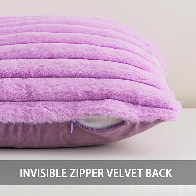 Pack of 2 Faux Fur Fall Throw Pillow Covers 20x20 Inch, Soft Plush Striped Neutral Couch Pillow Cover, with Velvet Back Modern Home Decor for Sofa Living Room Couch Bed Purple