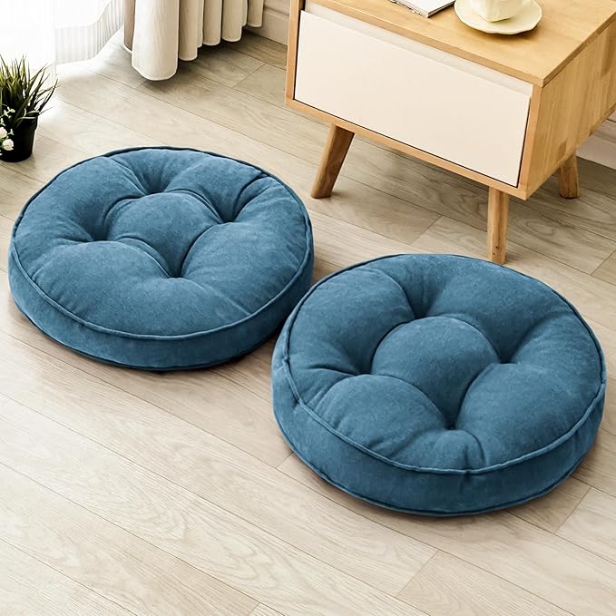 Floor Pillow Set of 2, Memory Foam Floor Cushions for Adults, Large Meditation Pillow for Sitting, 22 x 22 Inches (Round | Navy)