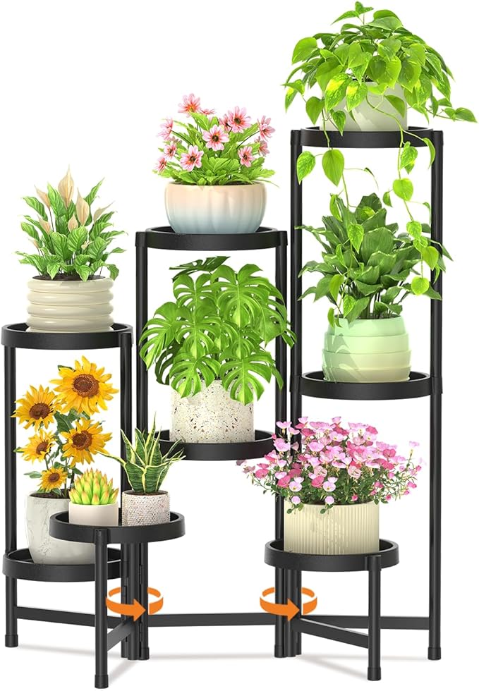 LASZOLA 8 Tiered Plant Stand Indoor Outdoor with Plastic Tray, Corner Folding Tall Flower Display Rack, Modern Plant Holder Shelf for Outdoor Patio Porch Garden Office Living Room, Black