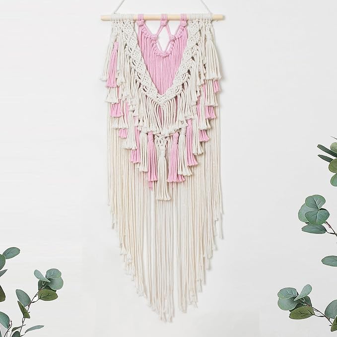 HVEST Pink Macrame Wall Hanging Boho Wall Decor Pink and Beige Tassel Woven Tapestry for Bedroom, Bohemian Tapestry for Girl Kids Room Living Room Nursery Dorm Wall Art Decor, 27L X 13W inches