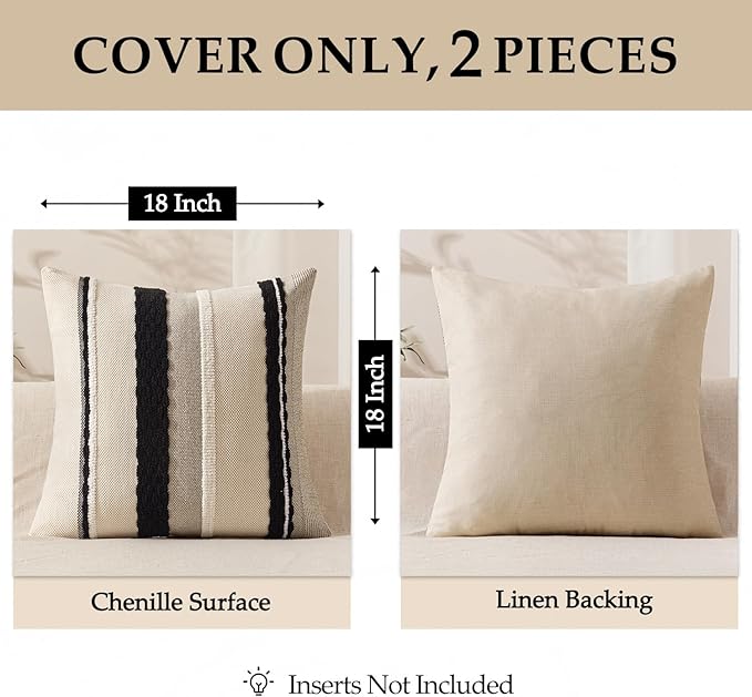 ANRODUO Pack of 2 Boho Decorative Throw Pillow Covers 20x20 Farmhouse Cushion Case Striped Chenille Pillow Cases Square Pillow Covers Accent Neutral Pillowcase for Sofa Couch Bed, Black-White Stripe 2