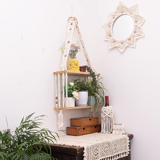 Boho Wall Hanging Shelves Macrame Floating Plant Photos Wood Shelf for Bedroom Living Room Apartment Decor