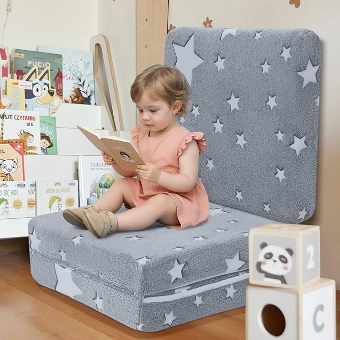 MeMoreCool Foldable Floor Mattress for Kids, Glow Star Trifold Mat, Kids Folding Mattress Portable Futon, 57x22 Inch Grey