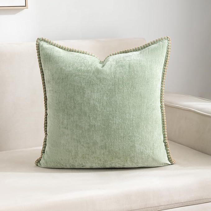 Decorative Throw Pillow Covers Pack of 2, 18x18 In Chenille Soft Pillow Covers with Stitched Edge, Farmhouse Neutral Euro Decorative Pillows for Bed Couch Sofa Home Decor Living Room,Green