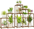 Bamworld 2 Sets Plant Stands Indoor Tall Shelves Outdoor for Multiple Flowers 10 Pots Wooden Rack for Living Room Balcony Garden