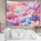 LB Pink Cloud Tapestry Pastel Cloud with Rainbow Sky on Colorful Background Tapestry Wall Hanging Aesthetic Nature Wall Decor for Bedroom Living Room Dorm 92.5Wx70.9L Inches