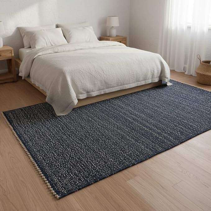 Navy 5X7 Jute Rug Braided Construction - Farmhouse Woven Carpet - Nautical Floor Covering for Bedroom Living Room, 5' x 7'