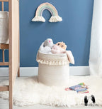 Mkono Macrame Decorative Cotton Rope Basket Boho Nursery Decor Small Cute Woven Tassel Closet Storage Bins Organizer for Baby Toys,Magazines, Potted Plants Cover,Living Room,Bedroom, 11"x11"