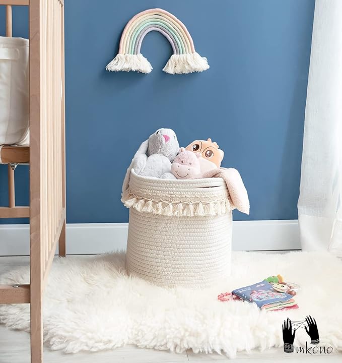 Mkono Macrame Decorative Cotton Rope Basket Boho Nursery Decor Small Cute Woven Tassel Closet Storage Bins Organizer for Baby Toys,Magazines, Potted Plants Cover,Living Room,Bedroom, 11"x11"