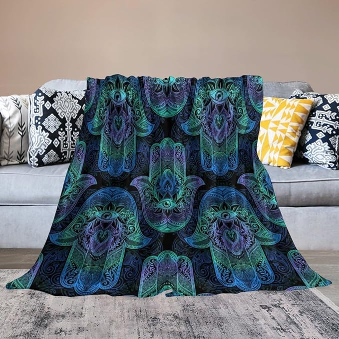 Boho Hamsa Throw Blanket Fatima Hand Bohemian Retro Mandala Blanket for Sofa Bed Couch Chair Or Dorm 50"x60"