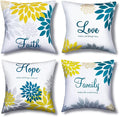 Tatuo 4 Pcs Flower Pillow Covers Square Spring Pillow Cushion Cases 18 x 18 Inch Family Faith Hope Love Words Decorative Summer Winter Cushion Case for Bed Couch Sofa Living Room(Blue Series)