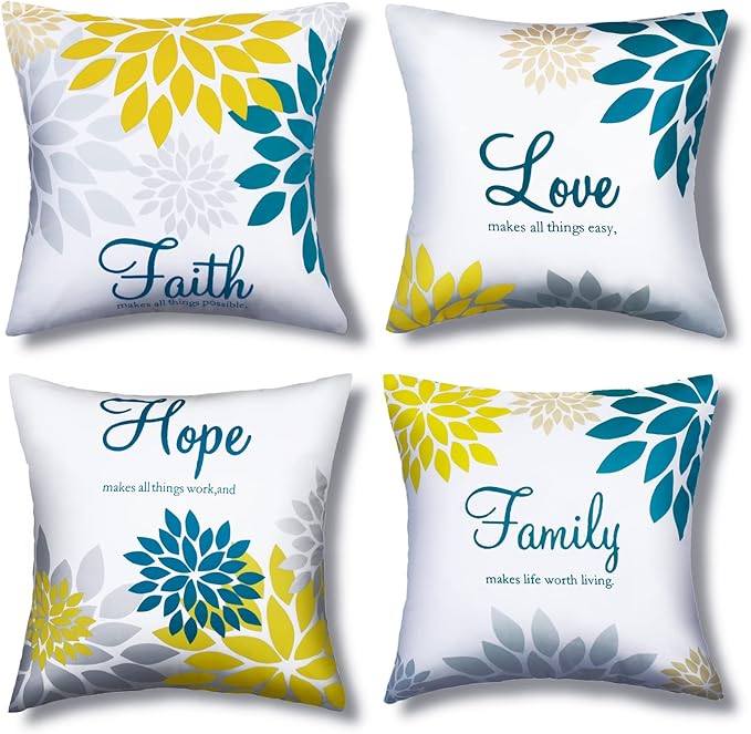 Tatuo 4 Pcs Flower Pillow Covers Square Spring Pillow Cushion Cases 18 x 18 Inch Family Faith Hope Love Words Decorative Summer Winter Cushion Case for Bed Couch Sofa Living Room(Blue Series)