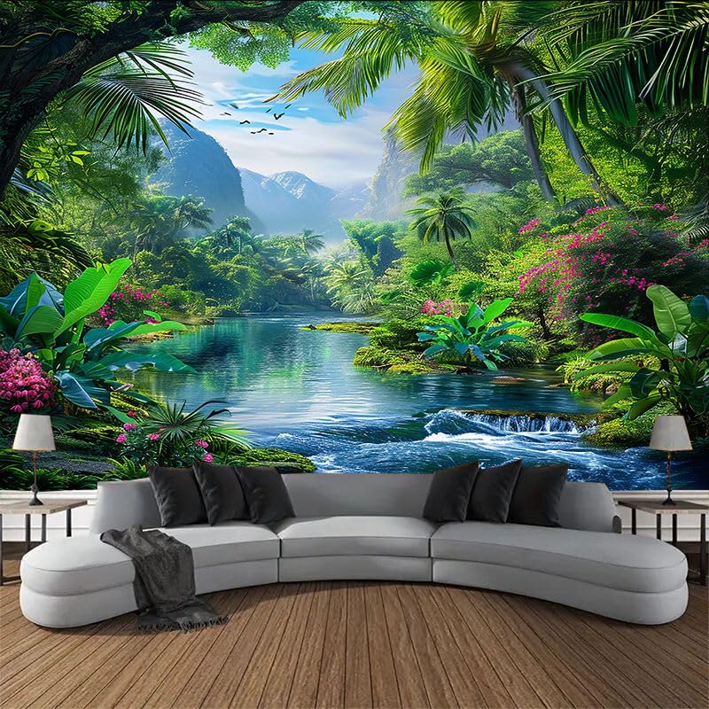 FENDROM Nature Tropical Rain Forest Tapestry Fantasy Landscape Mountain River Jungel Wall Hanging Tapestries for Bedroom Living Room Dorm - color: Rain Forest, size: 90"L x 71"W