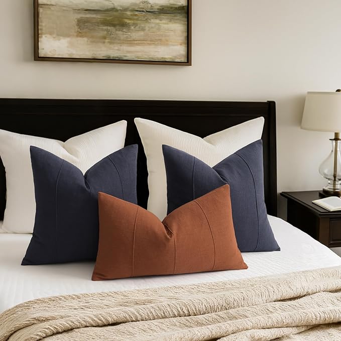 ZWJD Decorative Linen Throw Pillow Covers 26x26 Set of 2 Solid Handcrafted Striped Cushion Covers for Bed Soft Modern Farmhouse Neutral Pillowcase for Couch Bedroom Living Room Home Decor(Dark Navy)