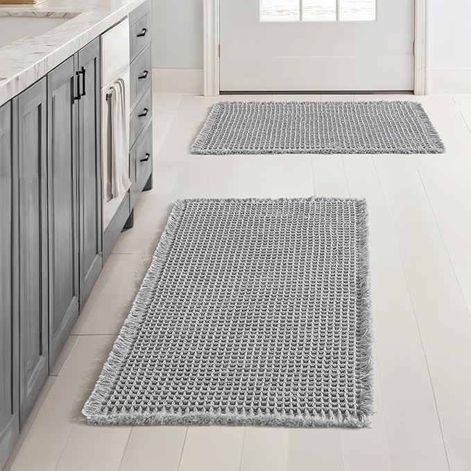 MIULEE Set of 2 Waffle Bathroom Rugs, Boho Bath Rugs Non Slip Washable, Super Absorbent Bath Mats, Ultra Soft Rubber Backed Shower Mats for Bathroom Floor, Tub and Shower, Light Grey, 17x24 Inch