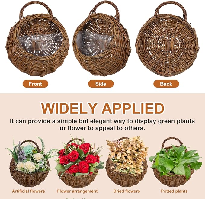 Yardwe 2Pcs Woven Wall Hanging Flower Baskets, Rattan Hanging Planters for Indoor Plants, Rustic Wall Decor Storage Containers, 12.20 X 10.62 X 4.72 Inches