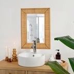 Boho Rattan Wall Mirror Wooden Framed Rectangle Mirror Rattan Decorative Farmhouse Hanging Mirror for Bathroom Vanity Entryway Living Room Home Wall Decor - 23.82" x 1.78" x 31.5"