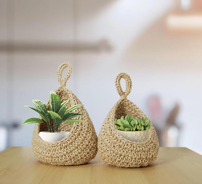 Hanging Baskets Set, 3 Pcs Boho Wall Hanging Basket with 6 Pcs Strong Hooks, Hand-Woven, Drop Molding, Used In Living Room or kitchen To Store Fruit and Vegetable And Potted Plants (Linen)