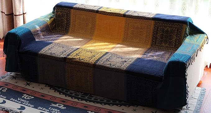AIVIA Bohemian Throws Blanket, Chenille Woven Colorful Recliner Chair Couch Throw Futon Furniture Cover Sofa Slipcover Bed Blanket w/Boho Fringe - 87" x 103" Large Oversized, Teal Yellow